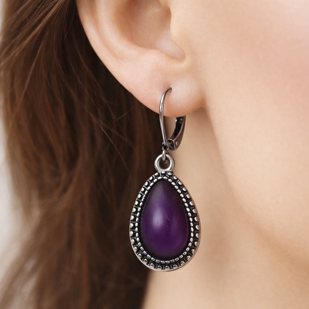 Women's Silver tone Dainty Design Purple Stone 1.25-inch Leverback Drop Earrings